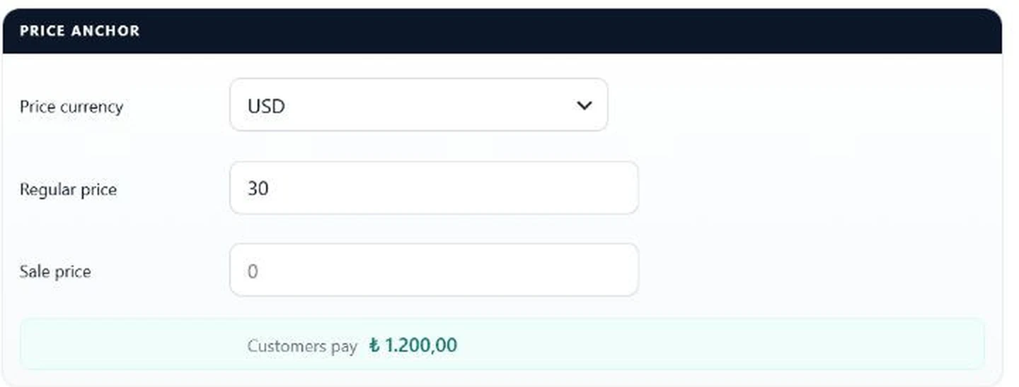 WooCommerce product editor showing Price currency set to USD, a regular price of 30, and the line “Customers pay ₺1.200,00”.