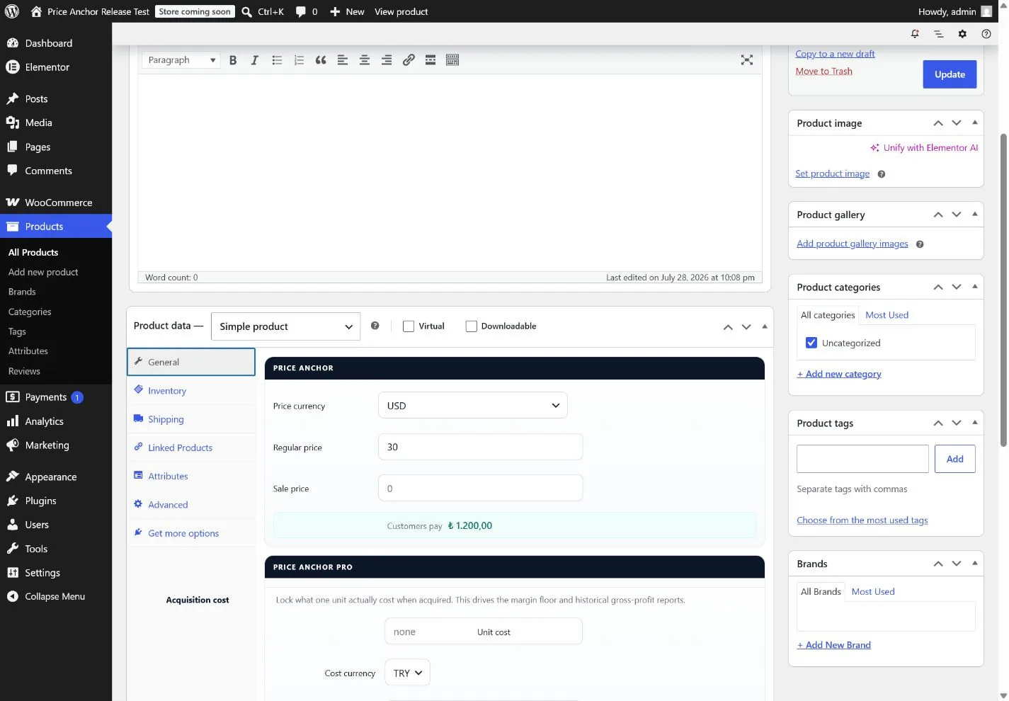 Product pricing — One currency dropdown, one price field, and what the customer will actually pay — before you save.