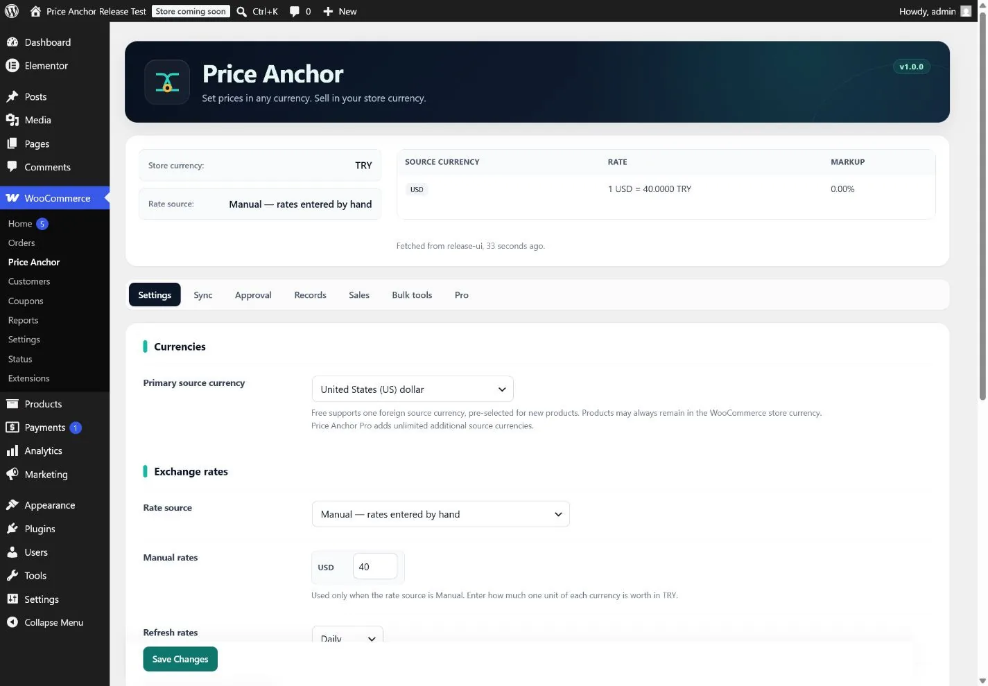 Settings — Source currency, rate source, markup and rounding on one screen, with the live rate table above it.