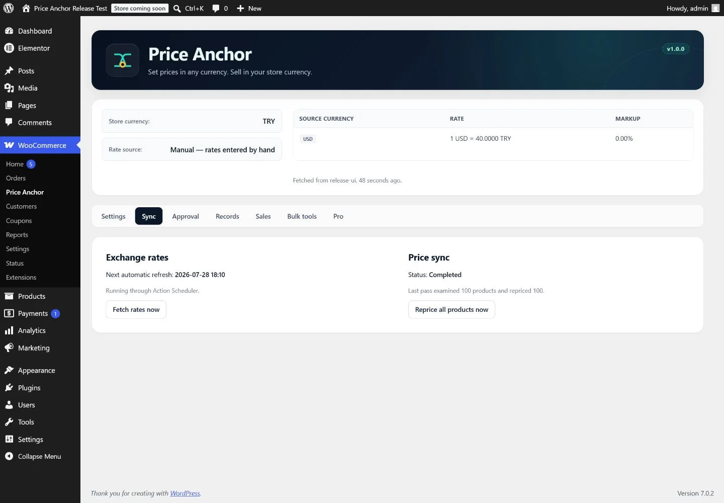 Sync status — Rate freshness, the next scheduled refresh, and how many products the last repricing pass examined.