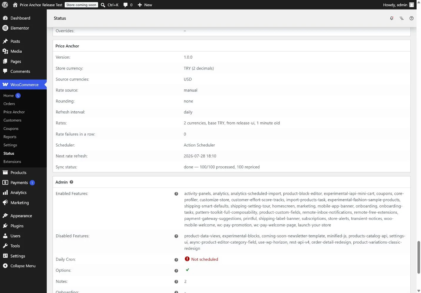 Diagnostics — A Price Anchor section inside WooCommerce → Status, so support requests carry the real runtime state.