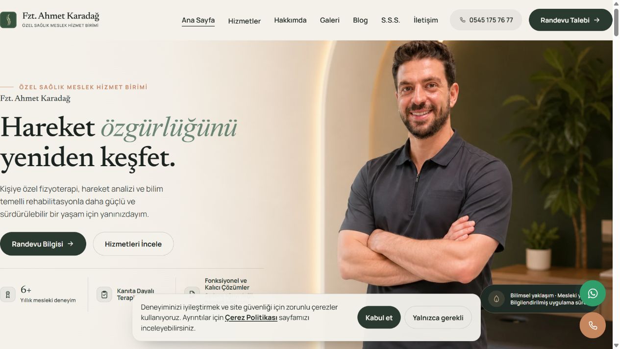 Fzt. Ahmet Karadağ fizyoterapi kliniği web sitesi; hizmet navigasyonu ve rehabilitasyon içeriği.