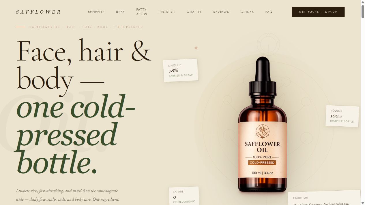 Safflower tek ürünlü WooCommerce mağazası.