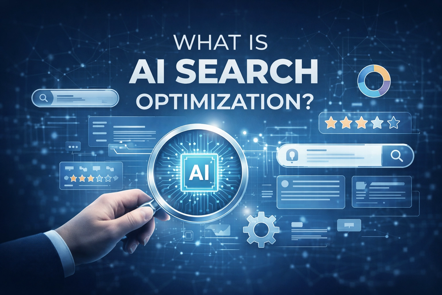 What is AI Search Optimization concept showing AI chip inside magnifying glass with search interface and ranking elements