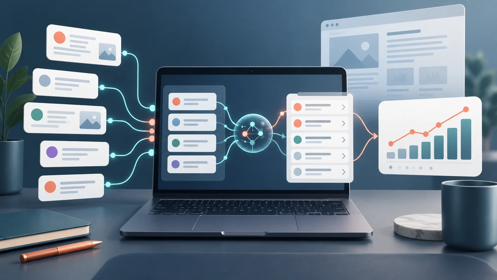 AI search monitoring workflow connecting cited sources, a work queue and SEO measurement dashboard