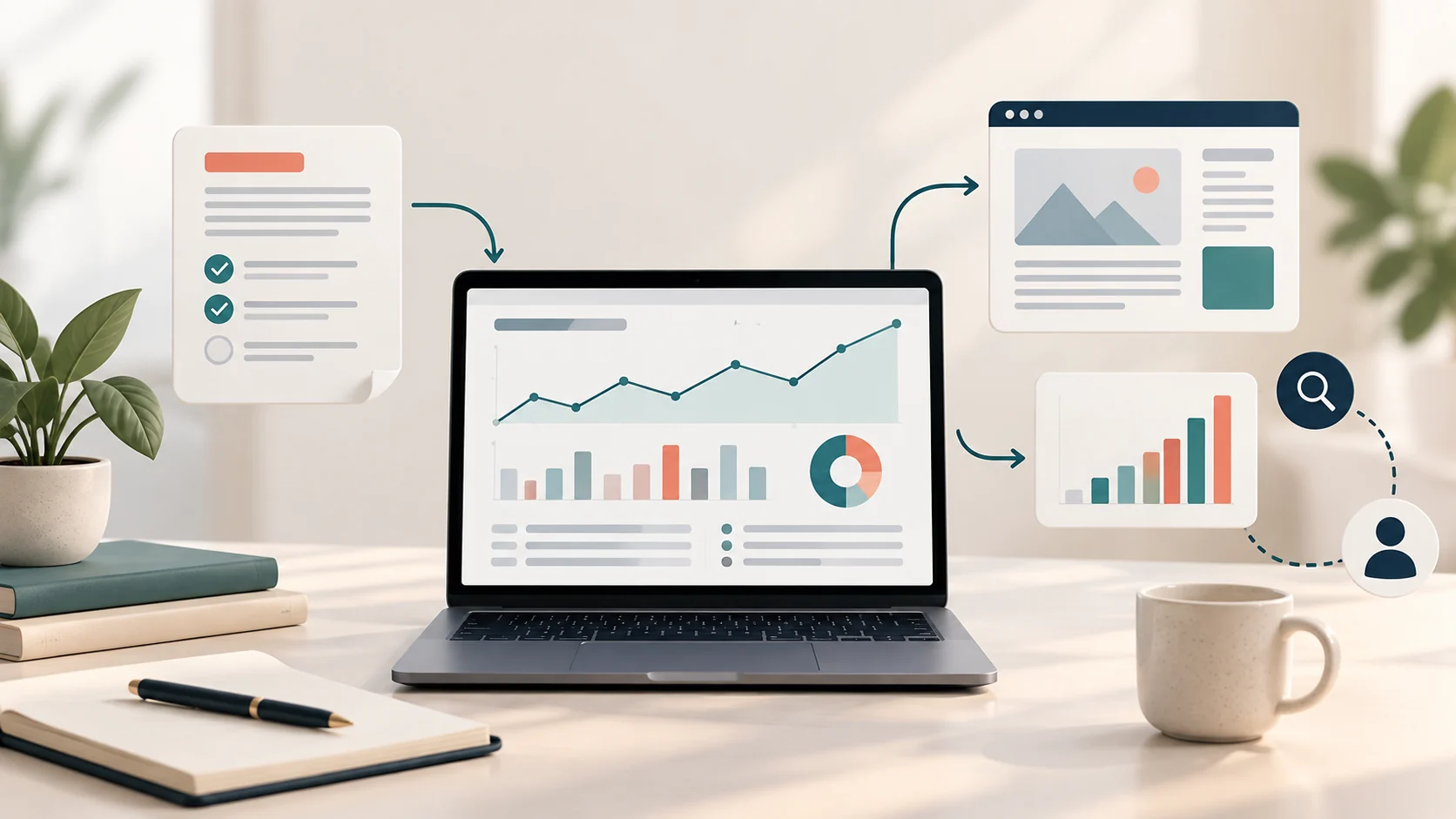 AI-assisted SEO workflow showing a content brief, WordPress page and performance measurement dashboard
