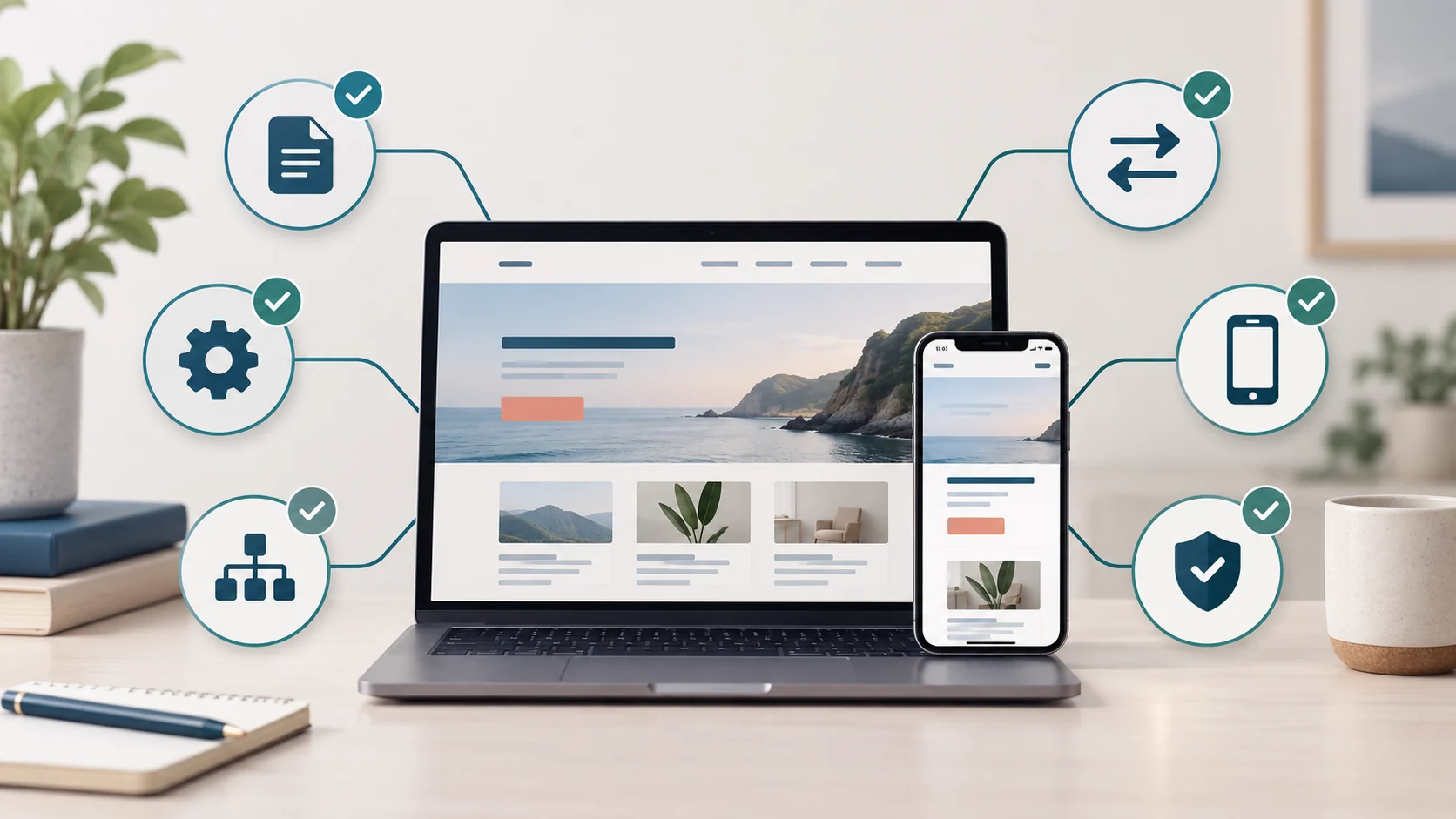 AI website builder SEO checklist showing a responsive website, mobile preview and quality-control checks