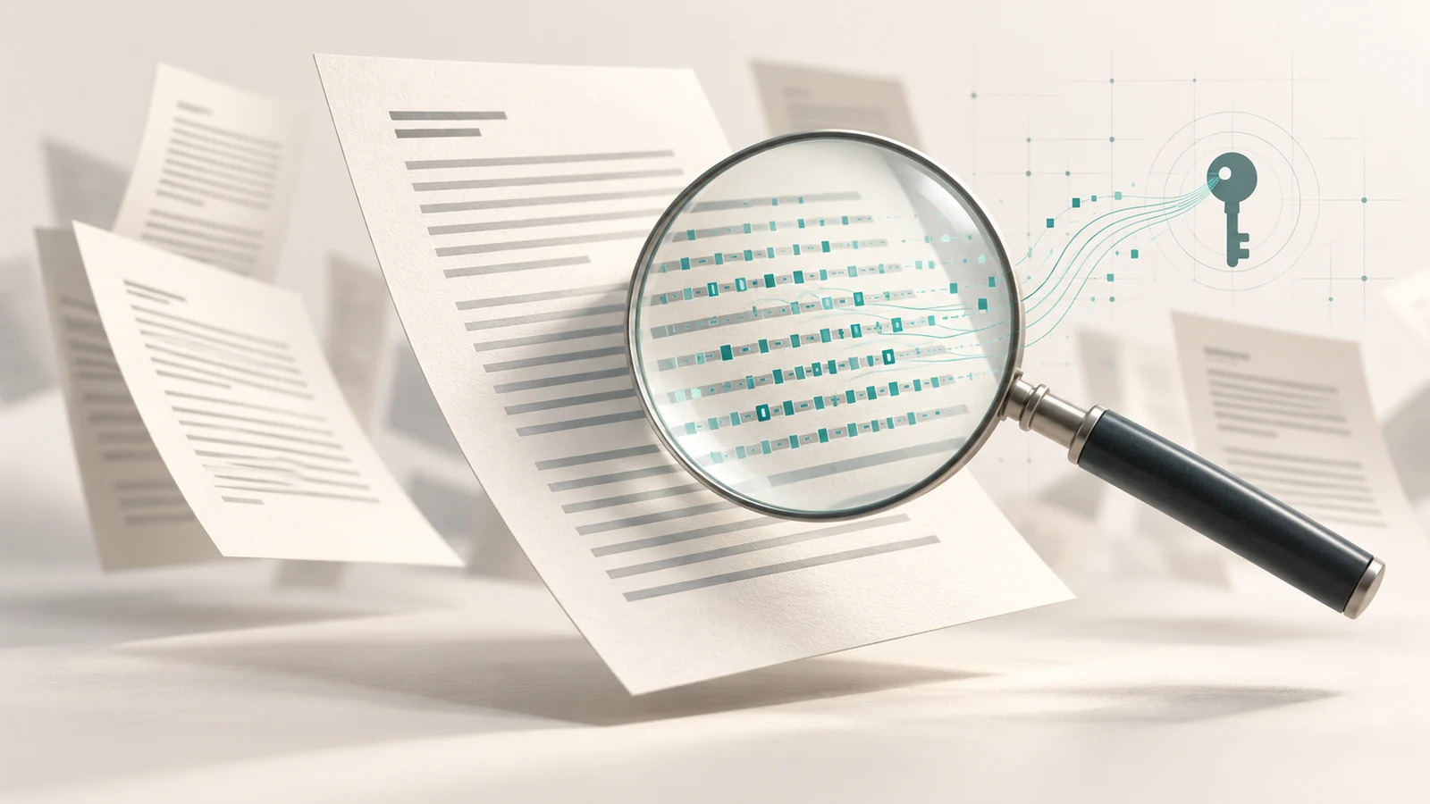 Editorial illustration of a magnifying glass revealing statistical token patterns in text, representing ChatGPT textGrain watermarking.